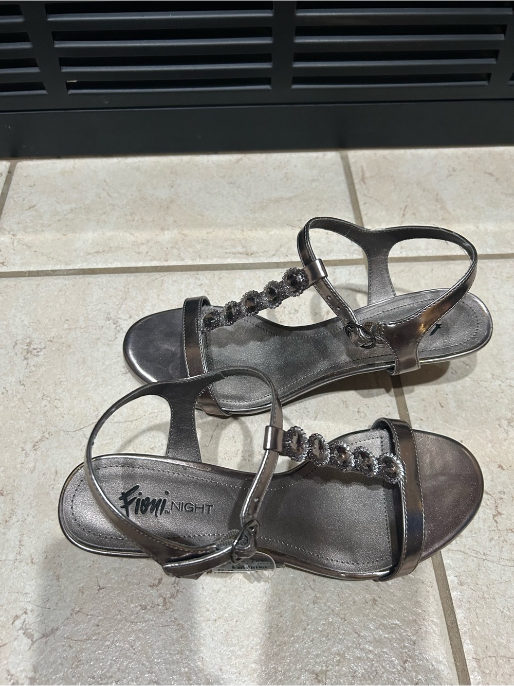 FIONI Clothing Metallic Gunmetal Crystal T-Strap Sandals